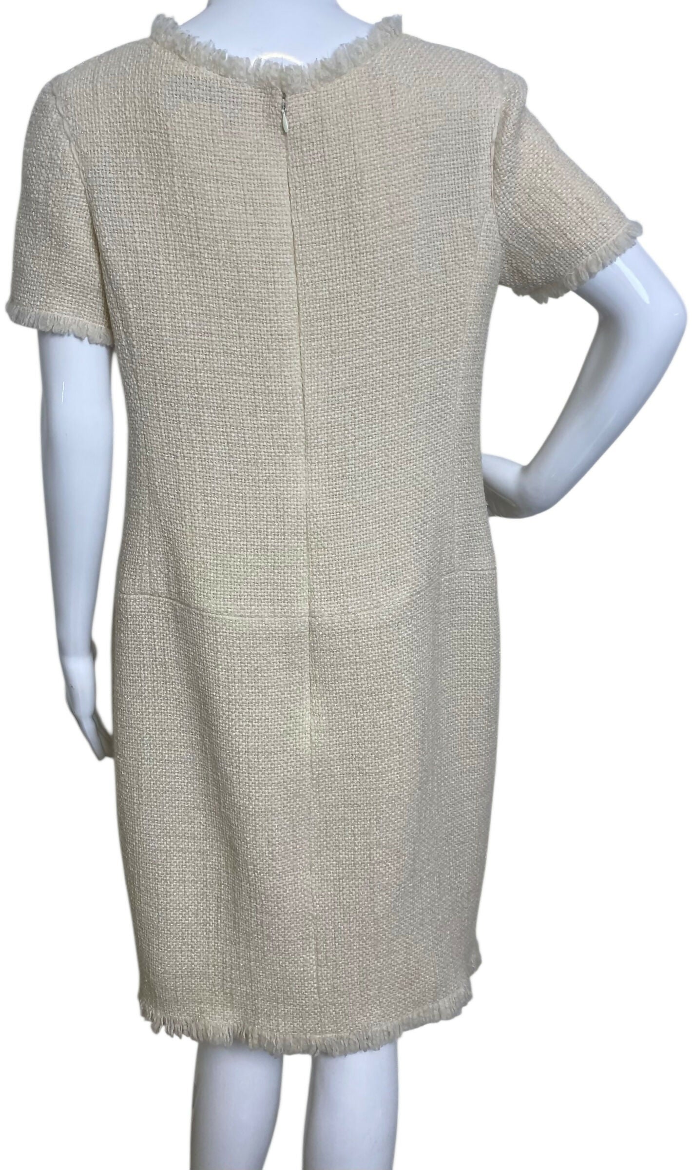 Chanel 10A ‘Arctic Ice’ Micro Pearl Beaded Fringe Ivory Tweed Shift Dress FR 44