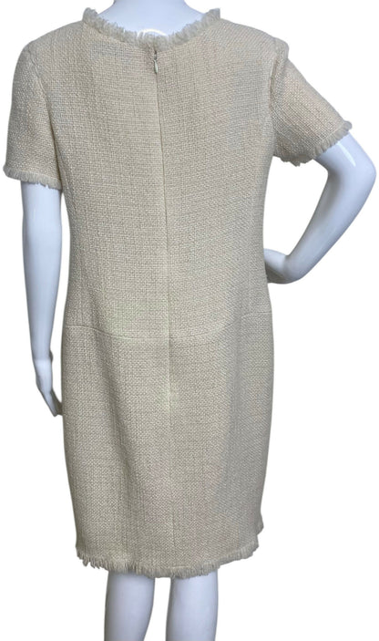 Chanel 10A ‘Arctic Ice’ Micro Pearl Beaded Fringe Ivory Tweed Shift Dress FR 44