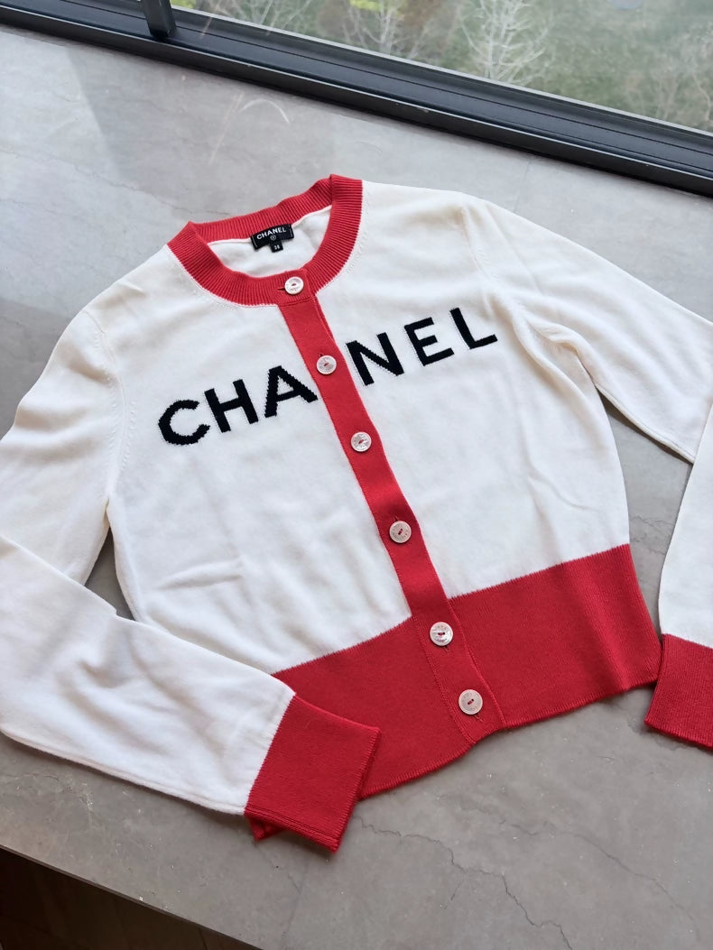 Chanel 19S white and red Cashmere Cardigan