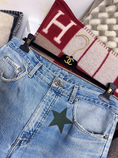 Chrome Hearts Limited Edition Blue Distressed Jeans, Army Green Camouflage Patchwork Star Jeans