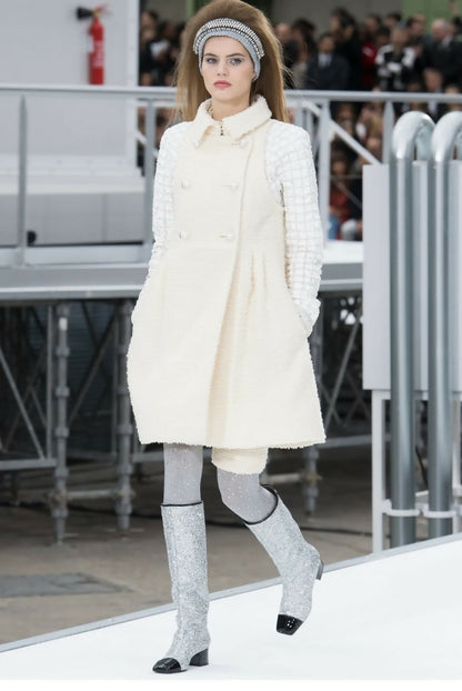 Chanel 17A Space Station Black Boucle Wool Double Breast Long Wool Coat FR 38