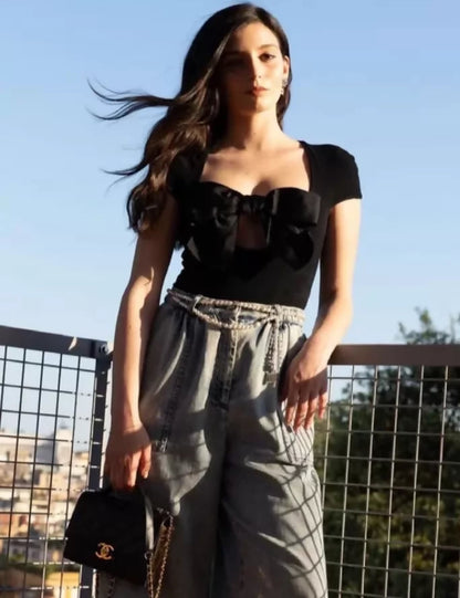 Chanel 23s black bow-tie top