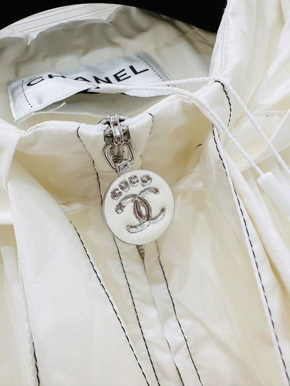 Chanel Coco Beach White Silk Hooded Jacket with Bow Tie, F38