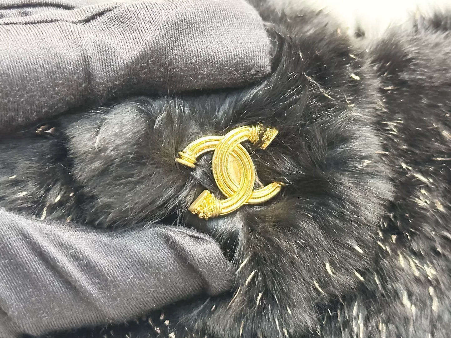 Chanel Black Rabbit Fur Chain Clutch with Gold CC Logo