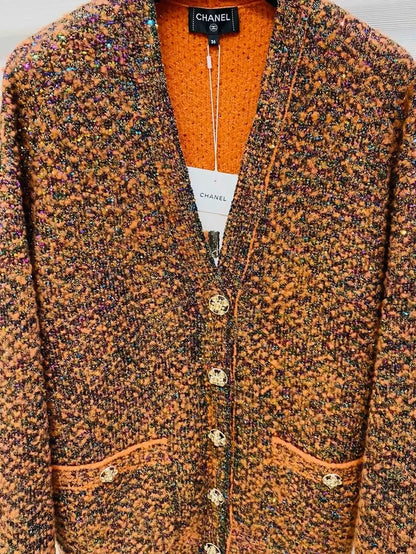 Chanel 24K Orange tweed Sequined Knit Cardigan