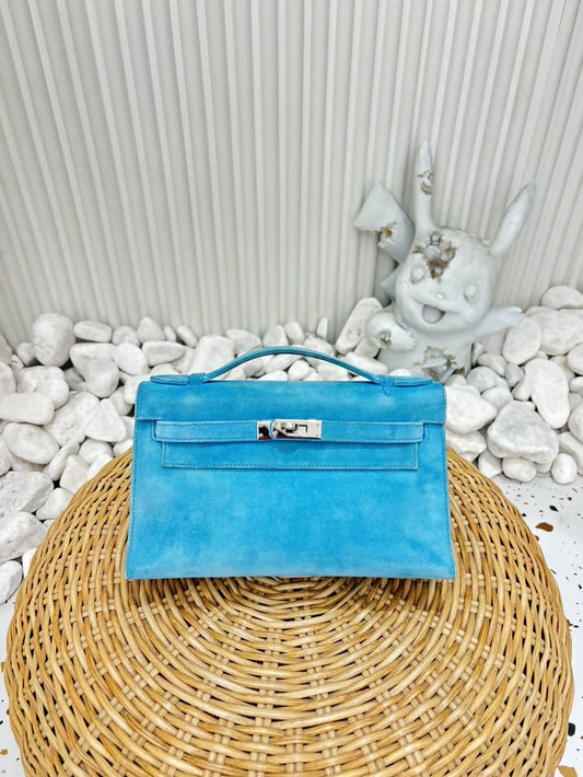 Hermès Mini Kelly pochette Doblis turquoise blue suede leather palladium hardware