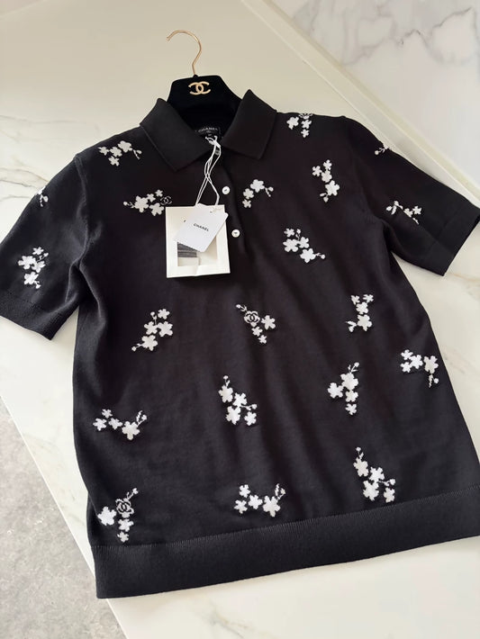 Chanel 26P Black Camellia Embroidered Polo Shirt