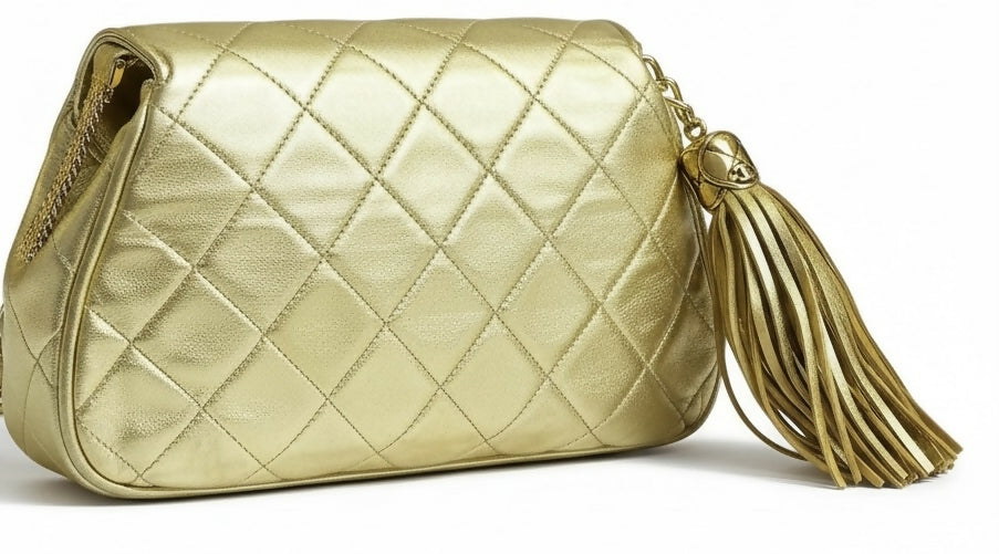 Rare 90’s Chanel Vintage Gold Quilted Lambskin Leather Multi Chain Jewelry Tassel Bag