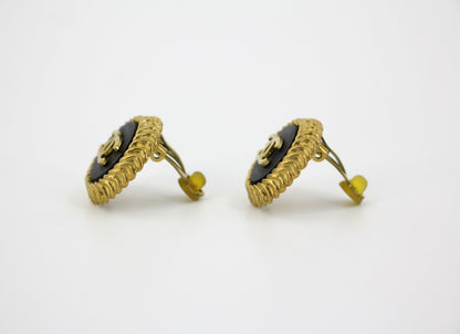 Chanel Vintage 95P Resin Spring/Summer Black Gold CC Round Wave Pattern Earrings