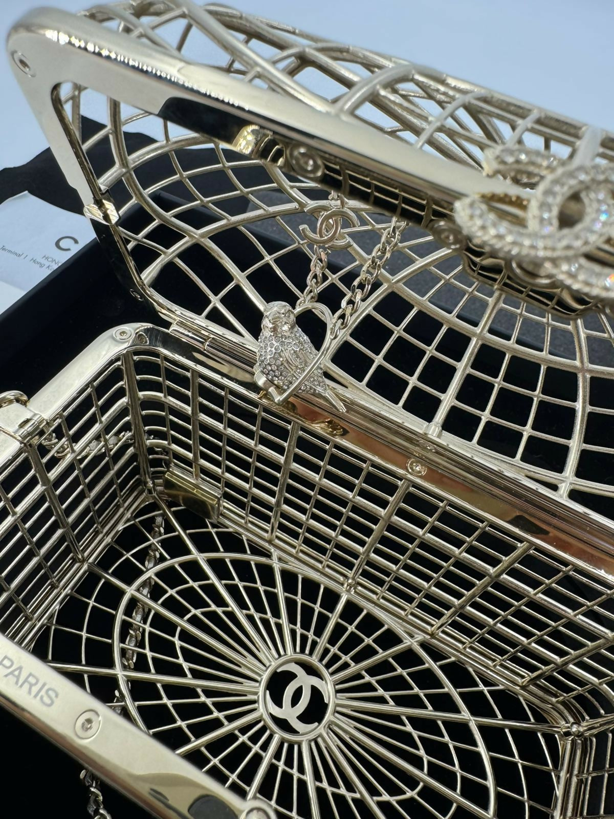Chanel 2025 Rhinestone and Metal Embellishments Light Gold Birdcage Minaudière Bag