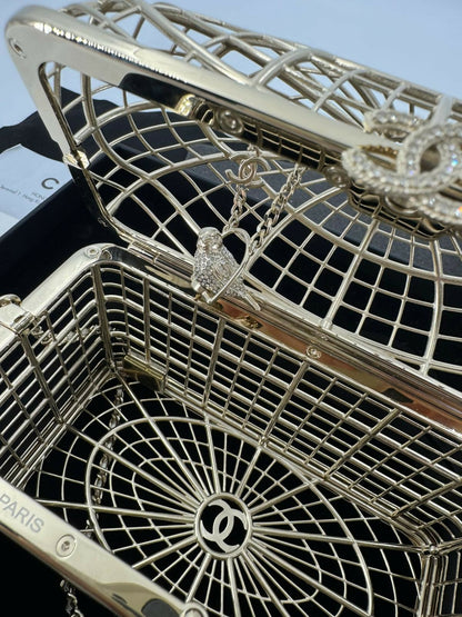 Chanel 2025 Rhinestone and Metal Embellishments Light Gold Birdcage Minaudière Bag