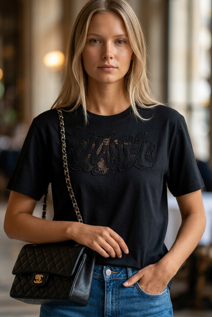 Chanel 20S Black Cotton Cut Out Embroidered Tee Shirt FR 38/40