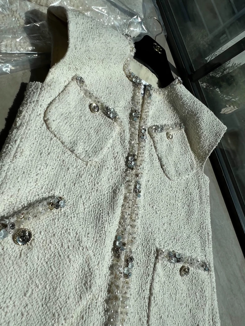 Chanel ecru tweed cardigan vest