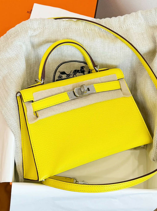 Hermès Mini Kelly II Jaune Milton Evercolor Leather paired with Nata / Craie Interior & Palladium Hardware K Stamp