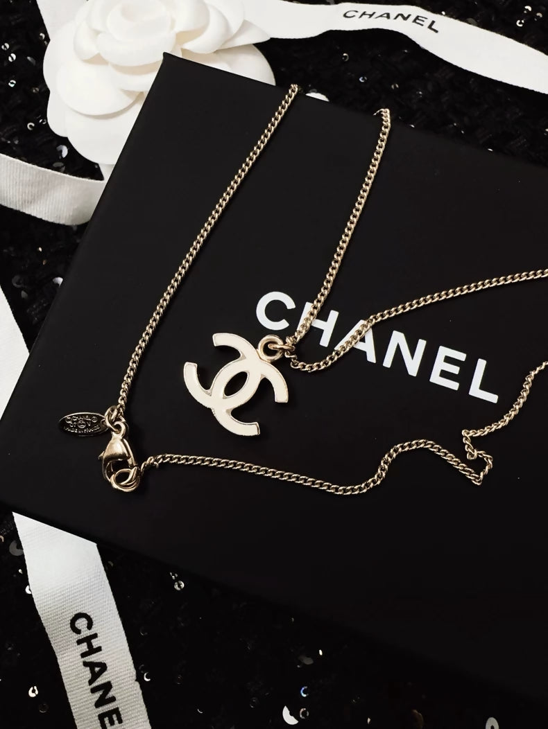 Vintage Chanel double C white enamel necklace