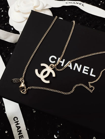 Vintage Chanel double C white enamel necklace