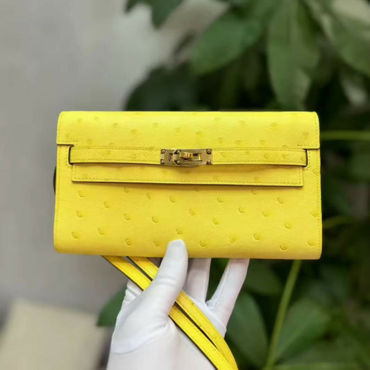 Hermès Kelly To Go Wallet Lime Yellow Ostrich Leather with Gold Hardware