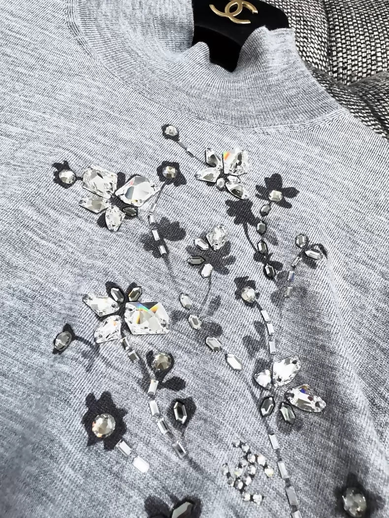 Chanel 22K grey turtleneck knit sweater with rhinestone and beaded floral print