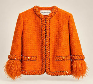 Valentino Orange Tweed Sequin Ostrich Feathers Jacket