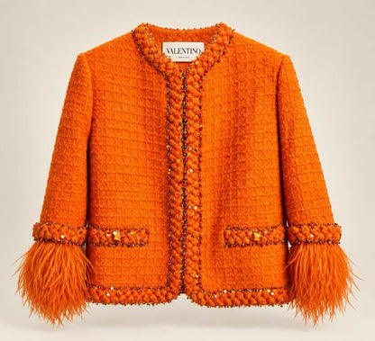 Valentino Orange Tweed Sequin Ostrich Feathers Jacket