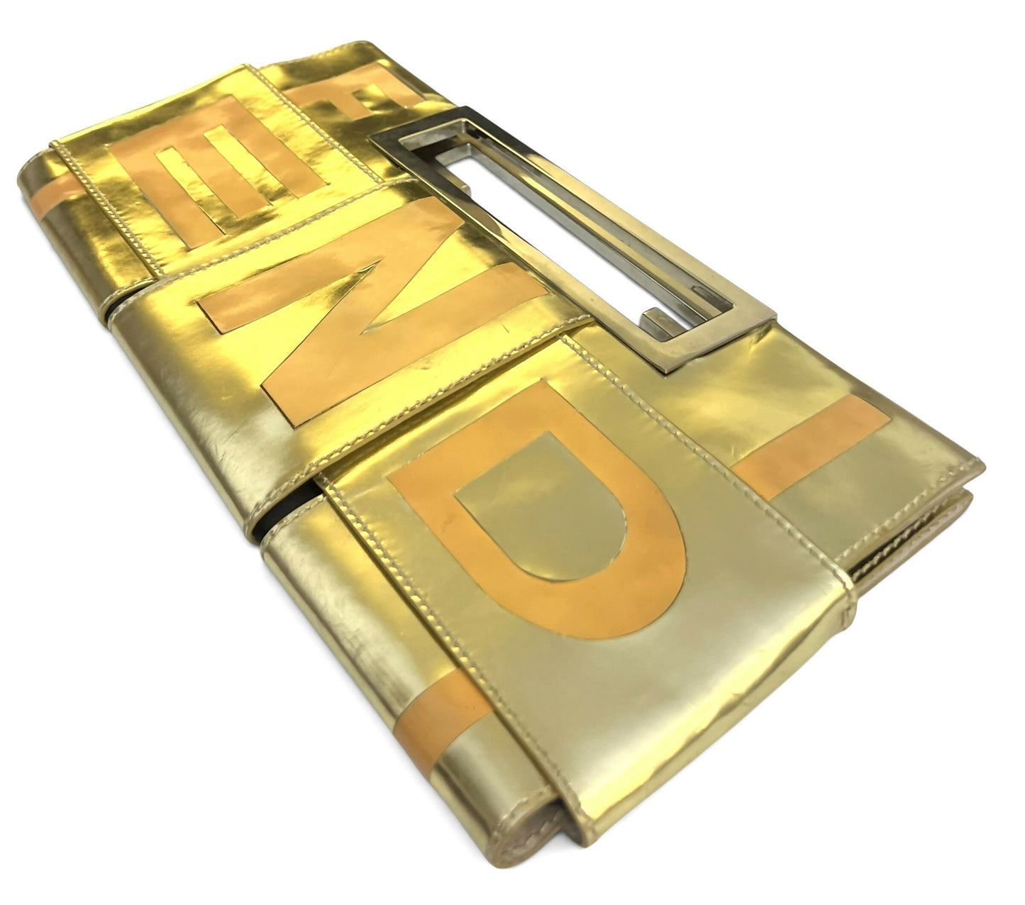 Rare Vintage Fendi 2007 Limited Edition Metallic Gold Patent Leather Crossword Clutch Bag