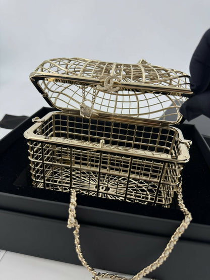 Chanel 2025 Rhinestone and Metal Embellishments Light Gold Birdcage Minaudière Bag