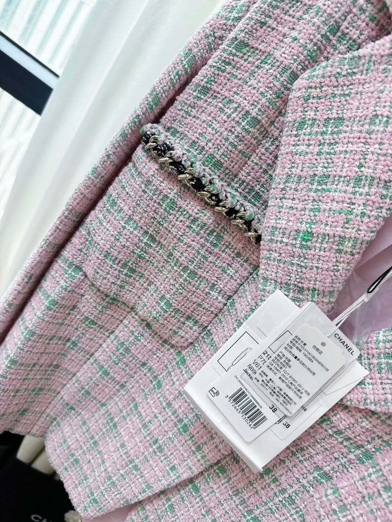 Chanel 21S pink and green tweed oversized coat