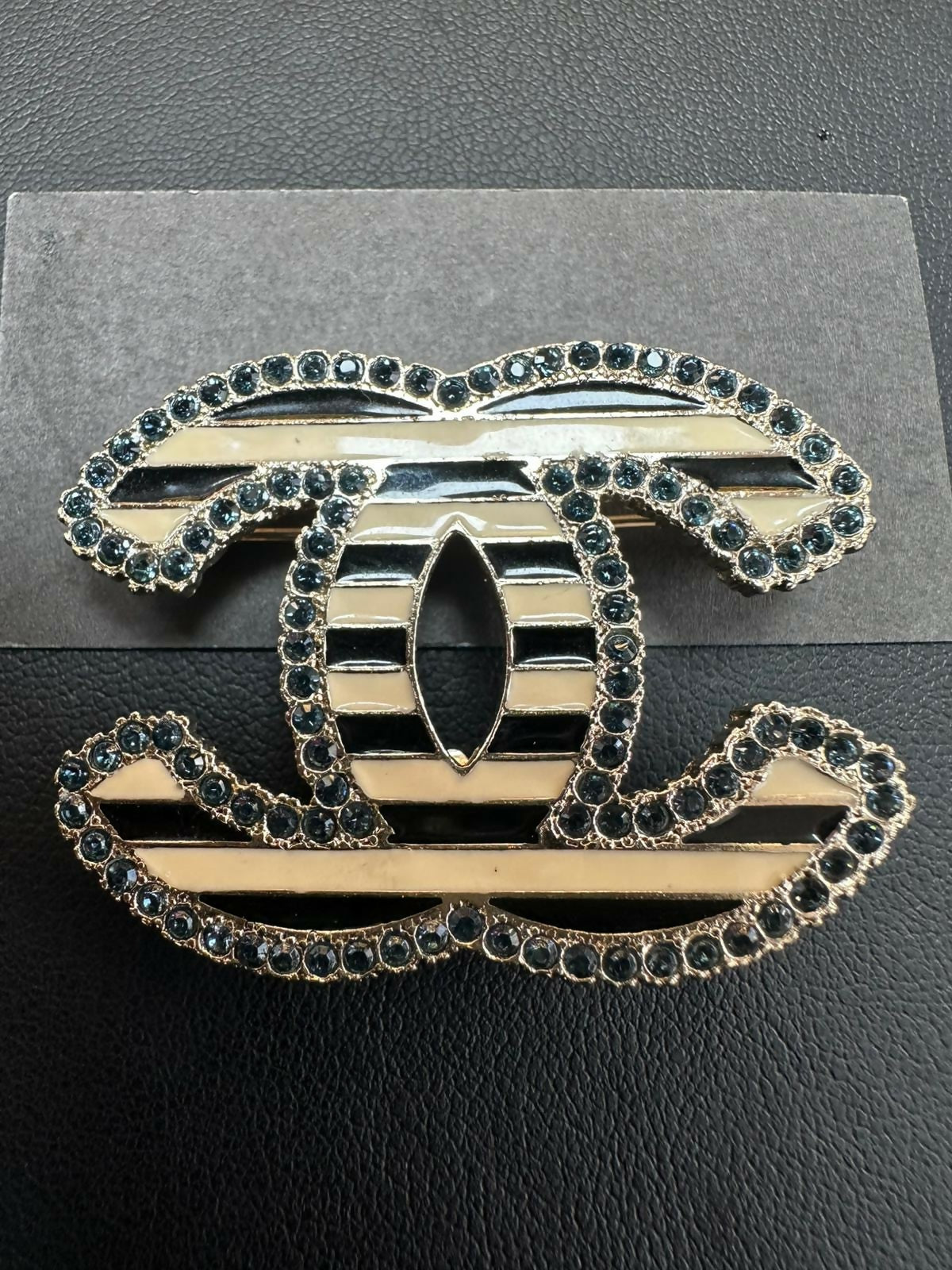Chanel Vintage 06A Blue Rhinestone Beige and Black Horizontal Stripe Brooch
