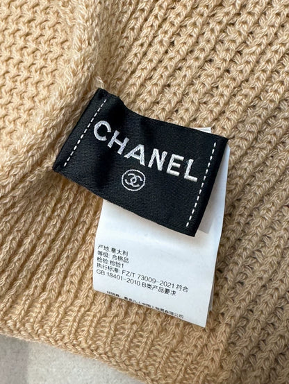 Chanel khaki cashmere scarf with black letter logo