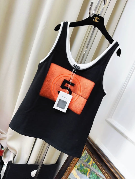 Chanel 21S black and orange No. 5 top