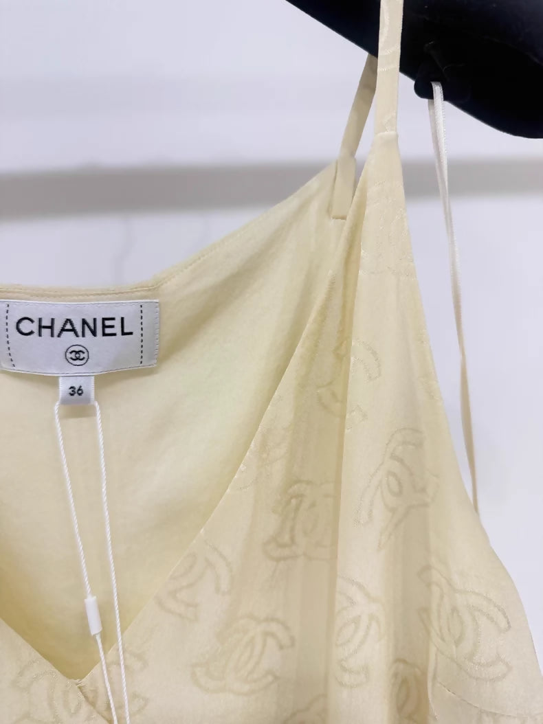 Chanel 23S pale yellow double C print silk camisole top