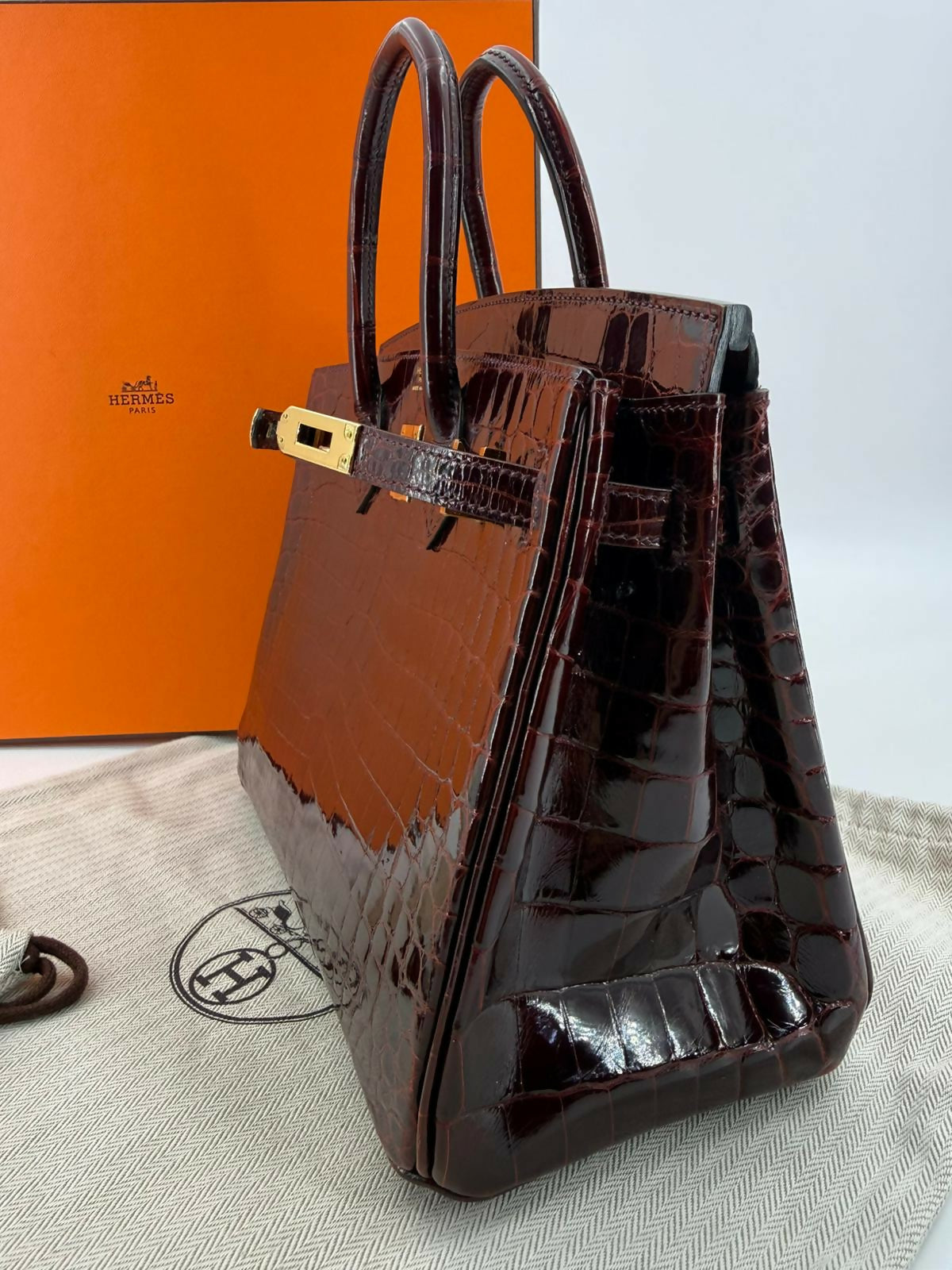 Hermes Birkin 25 Bordeaux Crocodile Leather Handbag with Gold hardware