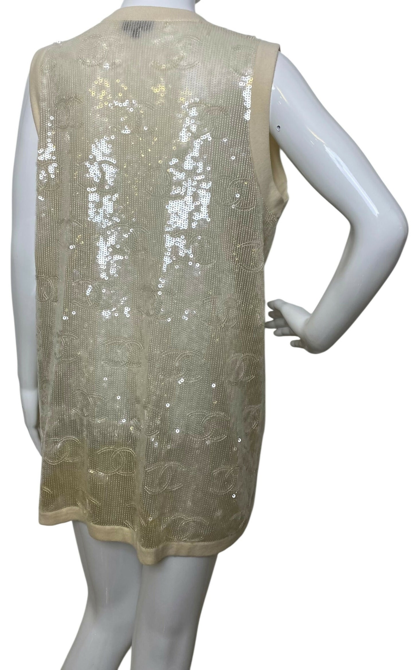 Rare Chanel 22S CC Sequin Cream Iridescent Vest Mini Dress Waistcoat Cardigan FR 40