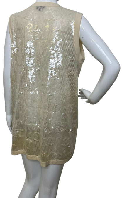 Rare Chanel 22S CC Sequin Cream Iridescent Vest Mini Dress Waistcoat Cardigan FR 40