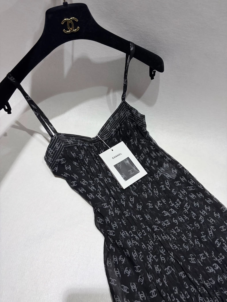 Chanel 20P all-over double C black print silk dress