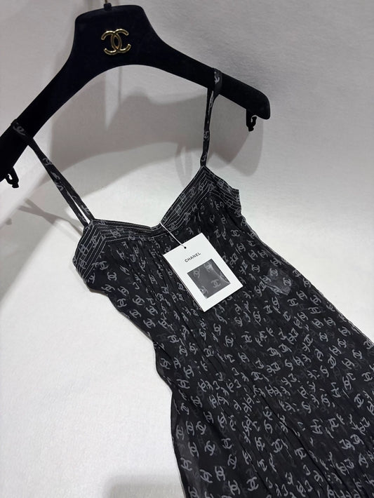 Chanel 20P all-over double C black print silk dress