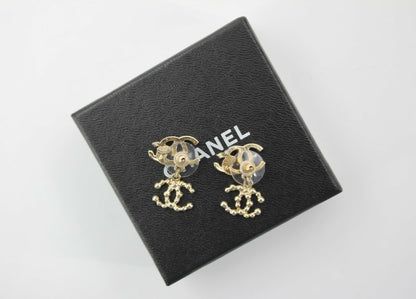 Chanel Vintage 10A Rhinestone Metal Triple CC Stud Earrings