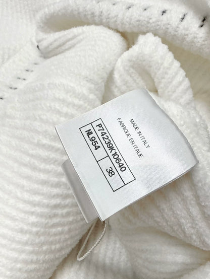Chanel 23C white ribbed terry knit cardigan with black #5 beaded badge embroidered label