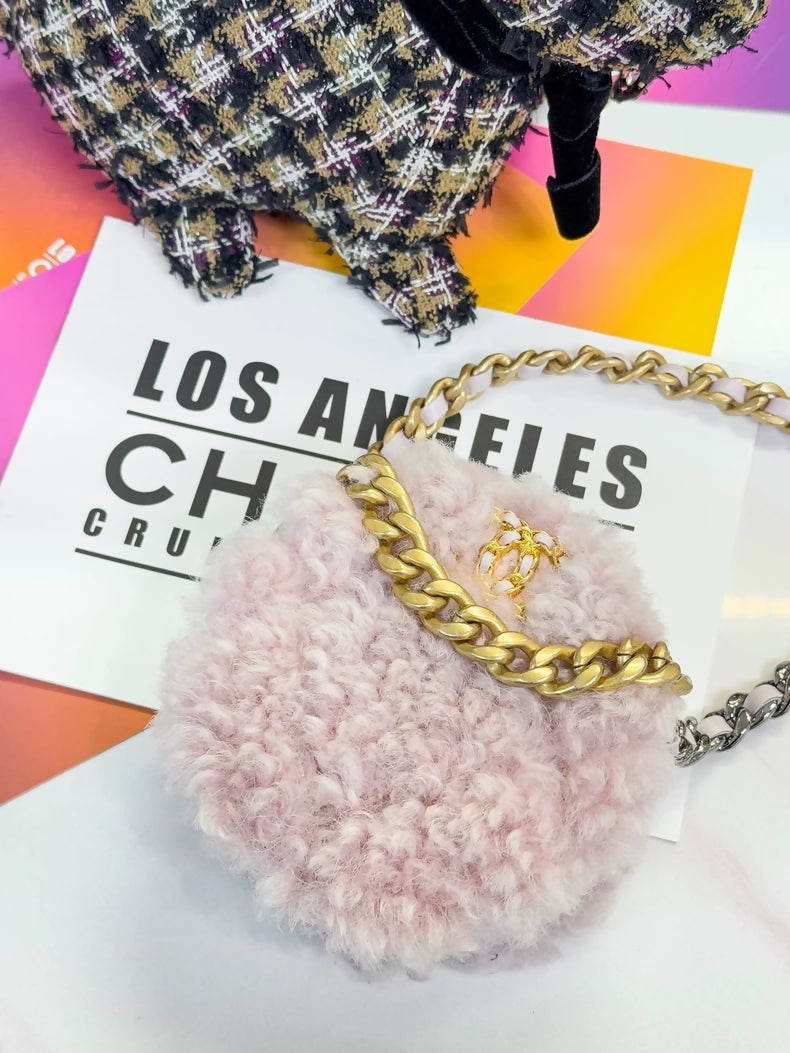 Chanel 20A pink tweed teddy wool round crossbody bag