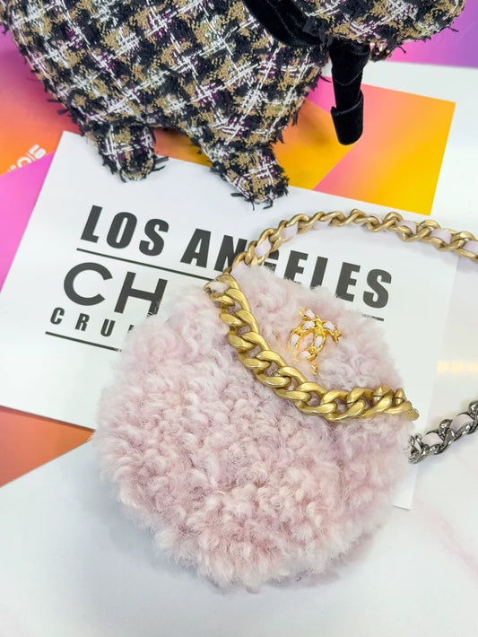 Chanel 20A pink tweed teddy wool round crossbody bag