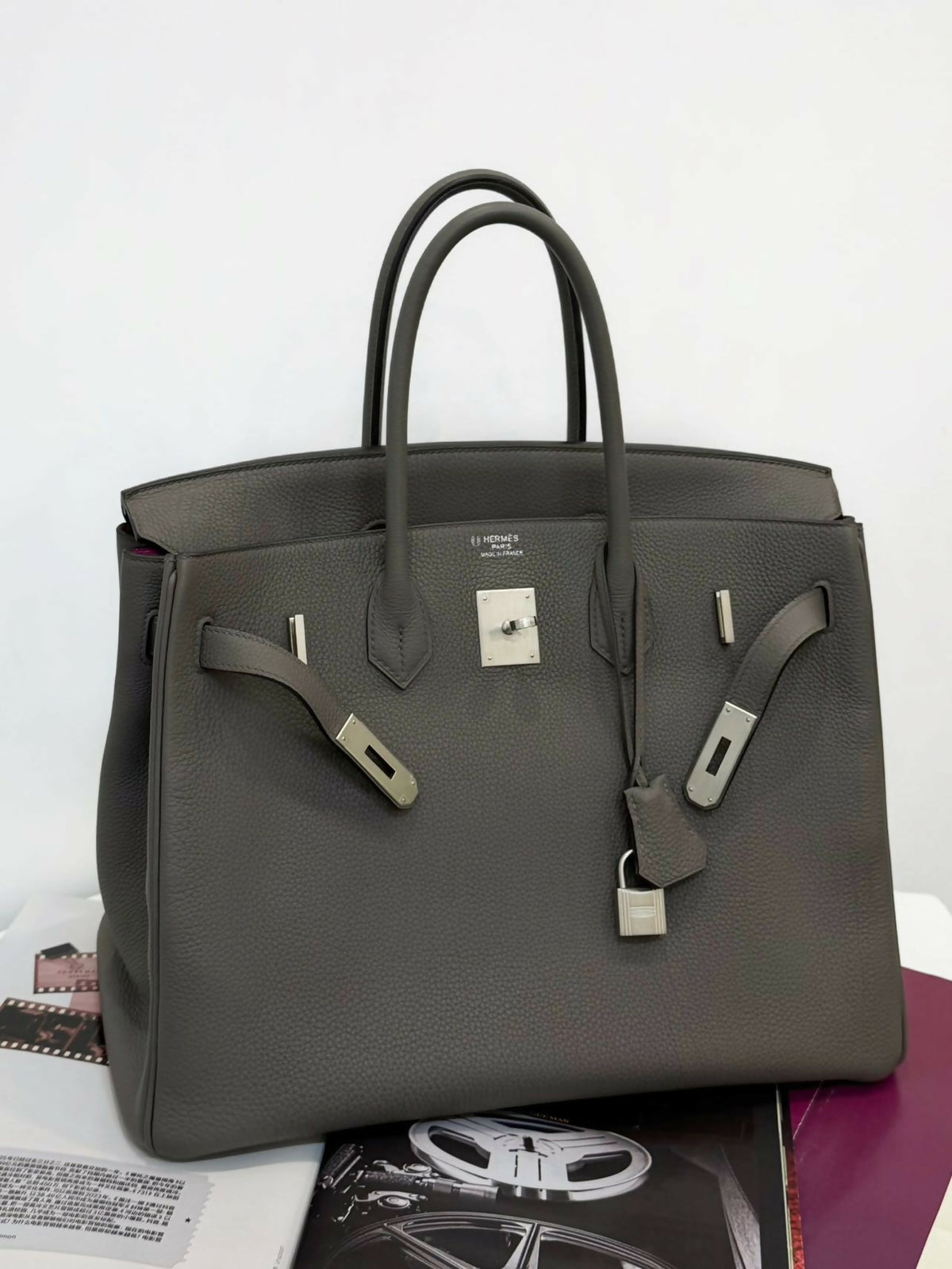 Hermès Birkin 35 Gris Étain / Etain Togo Leather with Rose Magnolia Interior Lining Brushed Palladium Hardware