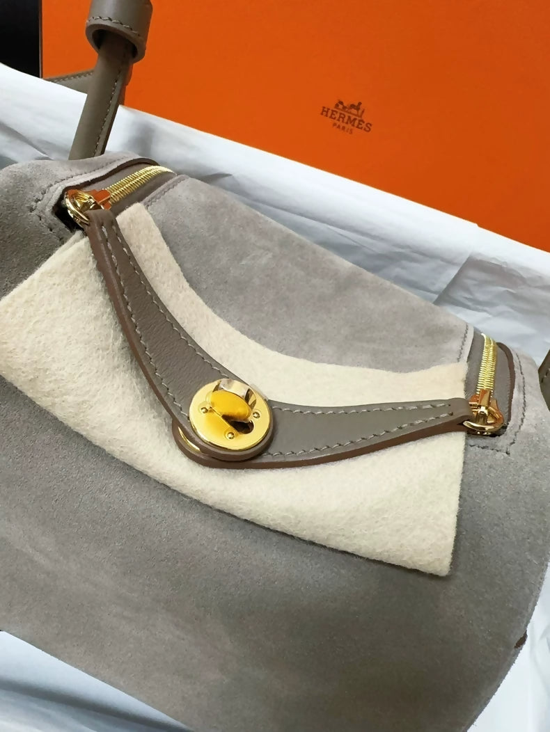 Hermes Mini lindy Etoupe Gray Doblis suede with Swift leather gold hardware