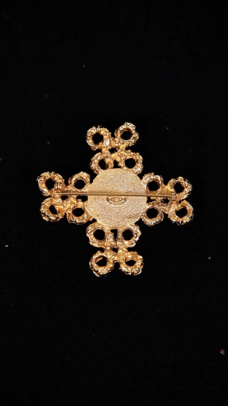 Chanel 1993 Gold Lava Green Glass Cross Brooch