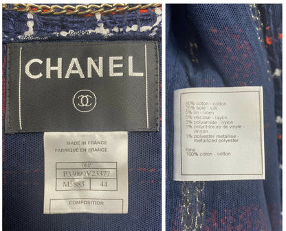 RARE CHANEL 08P RUNWAY BLUE RED GOLD CC CHAINS TWEED JACKET FR 44