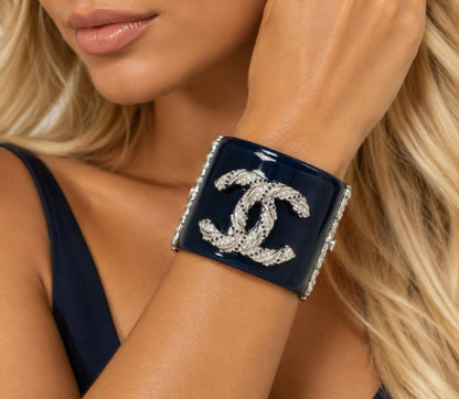 Chanel 13P Navy Blue Silver Crystals Lucite Statement Bracelet Cuff