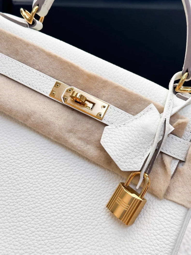Hermes Kelly 25 mushroom white togo leather gold hardware