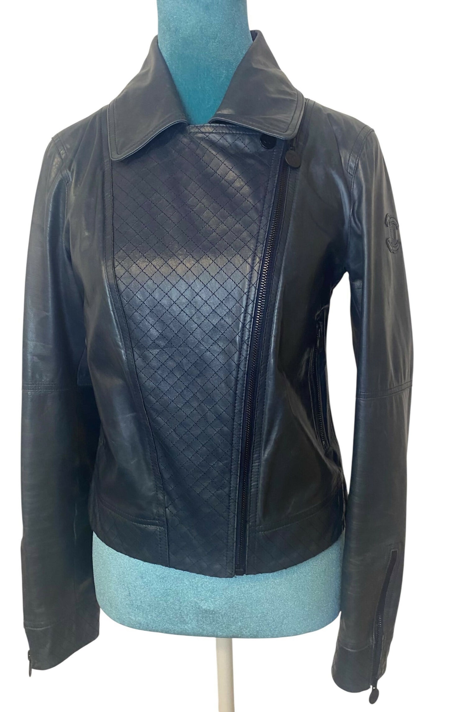 Chanel 12P Navy Blue Petrol Quilted Leather Biker Jacket FR 36