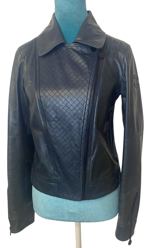 Chanel 12P Navy Blue Petrol Quilted Leather Biker Jacket FR 36