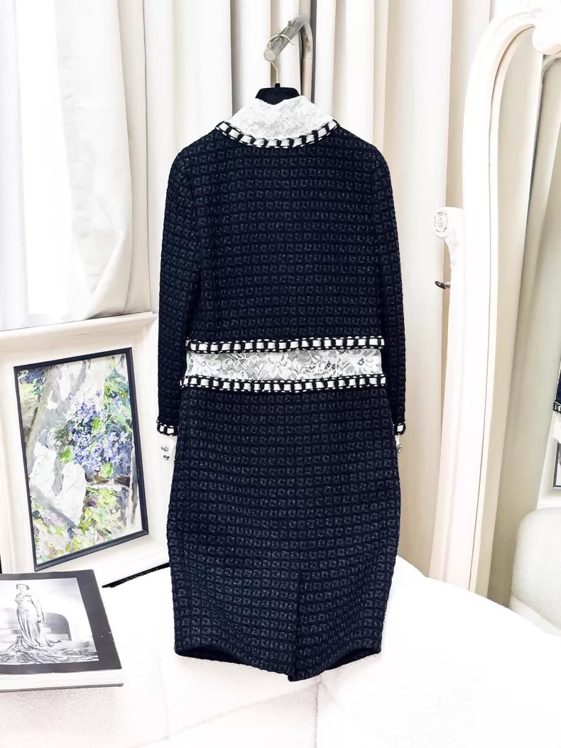 Chanel 16A black and white lace crochet tweed dress