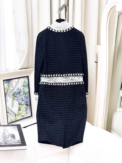 Chanel 16A black and white lace crochet tweed dress